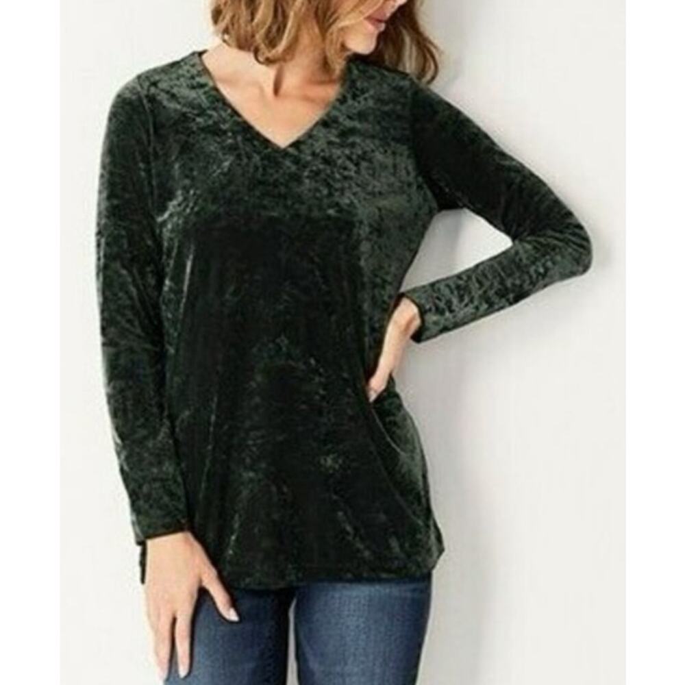 J Jill Crushed Velvet V-Neck Shirred Back Blouse Green Women's L